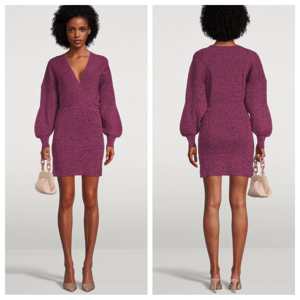 Ganni NWT Melange Knit Mini Dress Long-Sleeve Bodycon Stretch V-Neck Ribbed